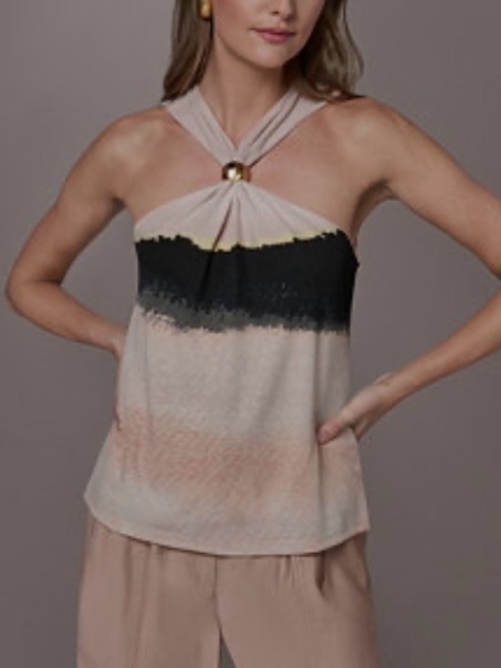 Donna Karan Women’s Large L Sleeveless Halter Neck Color Block Top Blush Black